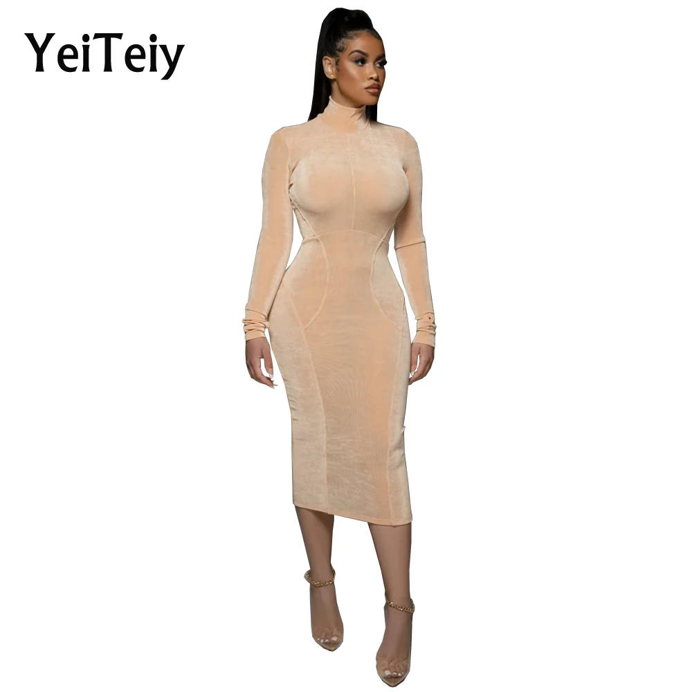 

Осенне-зимнее однотонное платье Yeiteiy, женская одежда с высоким воротником и длинным рукавом, на молнии, облегающая модная длинная юбка