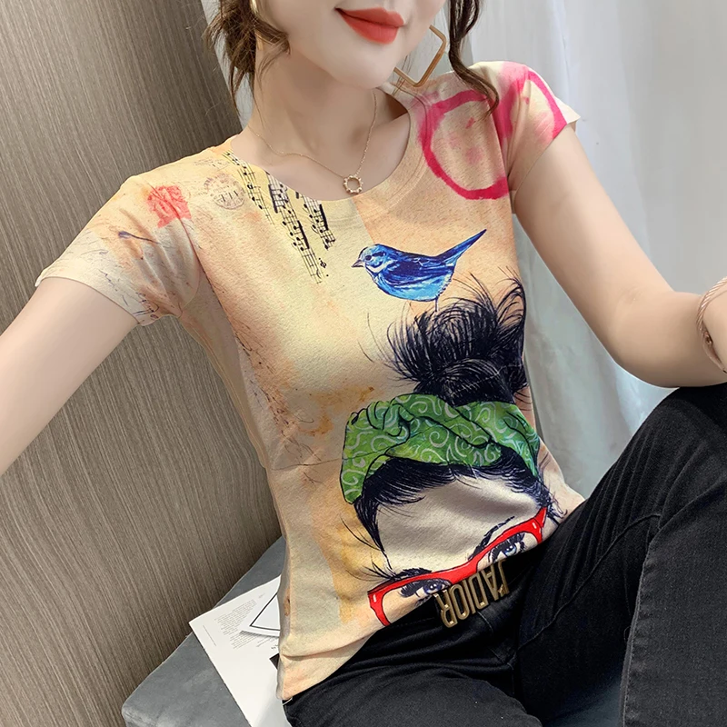 

Europe Style 2021 Summer Fashion Girls Print T-Shirt For Women O Neck Short Sleeves Tee Female Pullover Casual Tops Tees