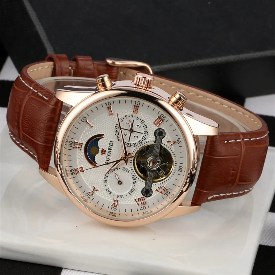

OUYAWEI Sun Phase Tourbillon Mechanical Men Watches Genuine Leather Automatic Watch Calendar Display Dial Mens Wrist Watch