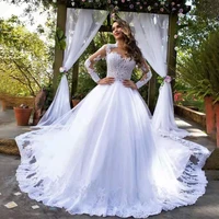 vintage nude tulle long sleeves lace a line wedding dress boho o neck appliques crystals beaded bridal gown vestidos de novia