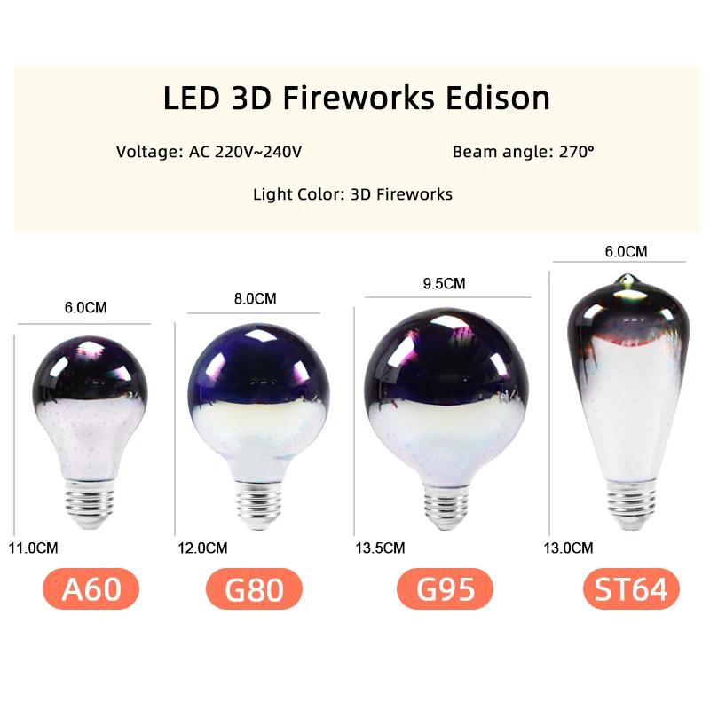 Светодиодная лампа E27 3D украшение праздничное освещение 220V 6W фейерверк Edison Led ST64