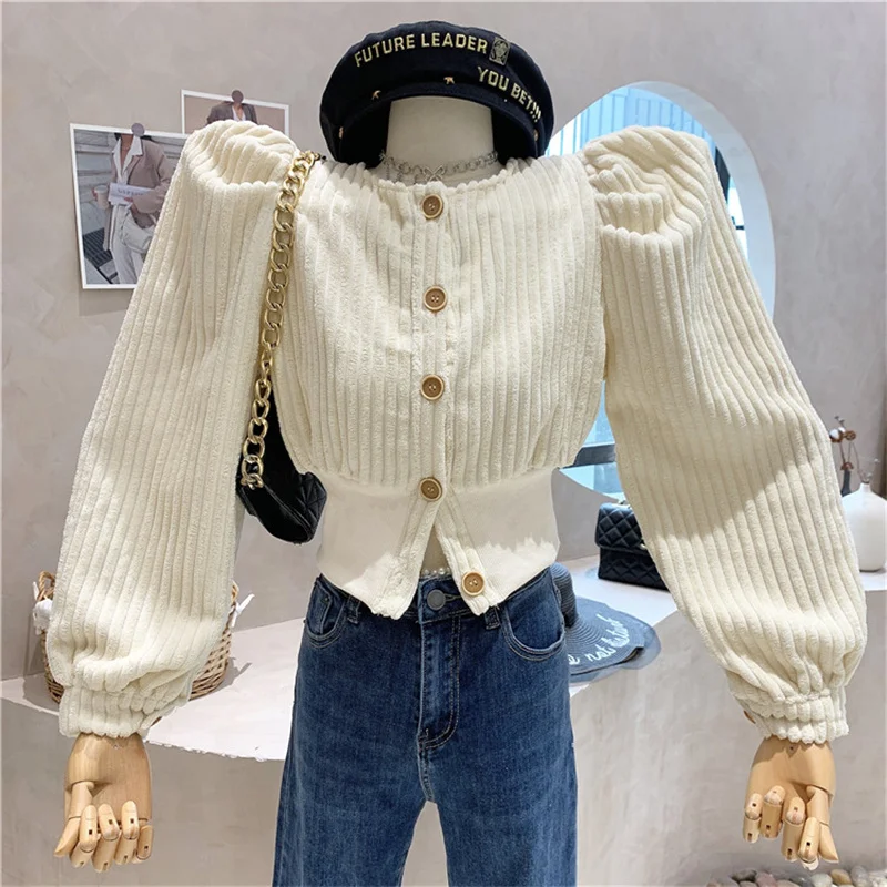 

NEW Niche Design Women's Clothing 2021 Autumn Puff Sleeve Round Neck Waist Single-breasted Corduroy Short Coat Top