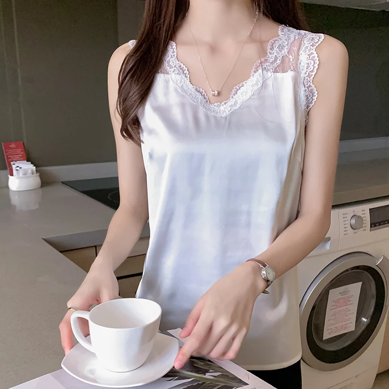 

WWENN White Women's Satin Summer Tops For Women 2021 V Neck Basic Sleeveless Lace Tank Tops Women Summer Female Silk Top Black