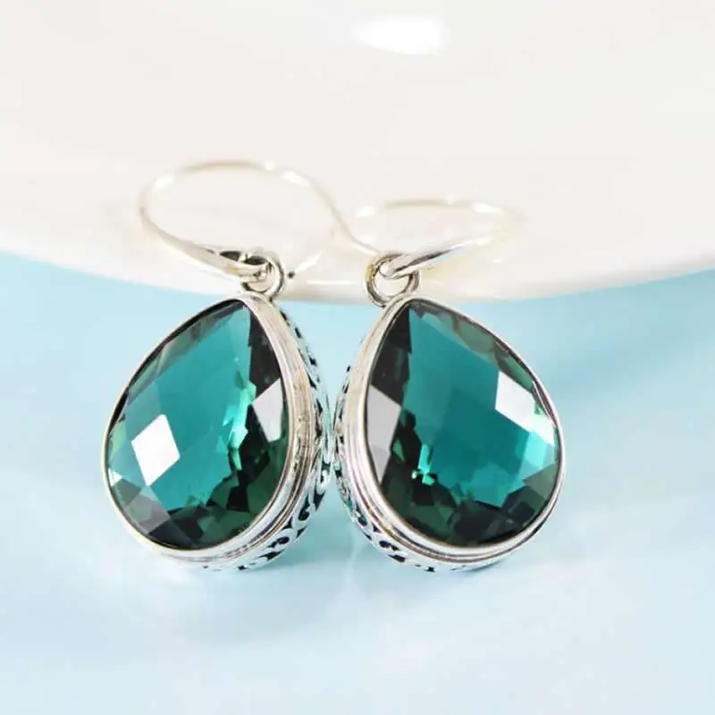 Pure S925 Silver Earrings Women Green Crystal Dangle Earrings Vintage Earrings