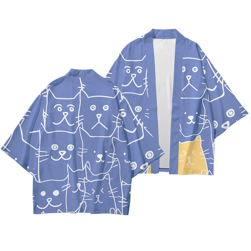 

Harajuku Japanese Fashion Kimono kitten Printed Men and Women Cardigan Blouse Haori Obi Asian Clothes Samurai Shirt