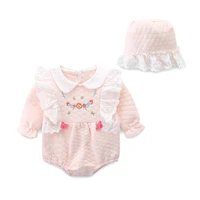 baby girl romper peter pan collar embroiedry newborn infant birthday jumpsuit kids clothes with hat