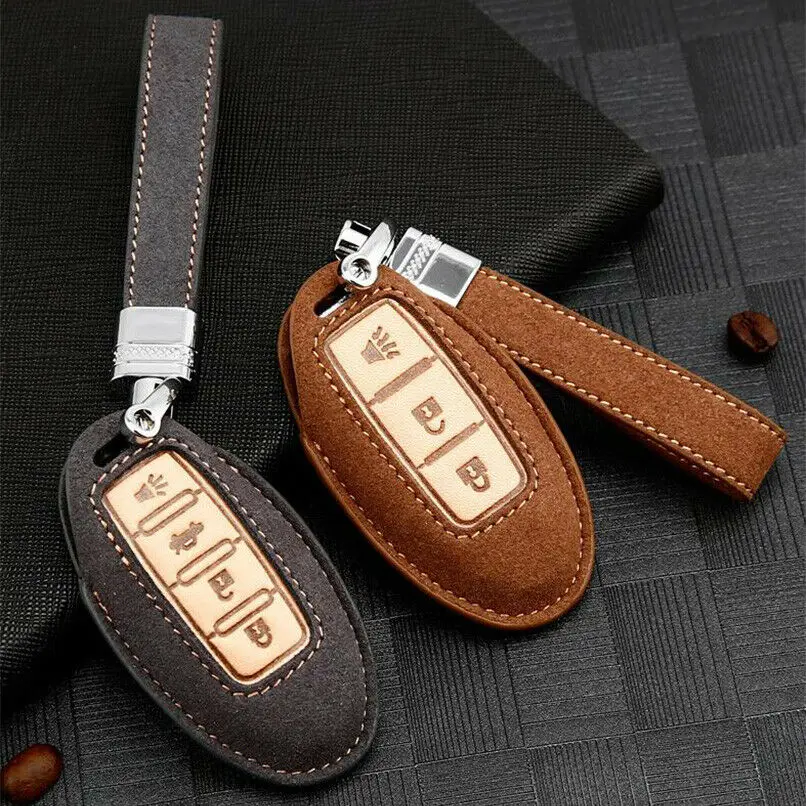 

For Nissan Car Suede Leather Remote Key Bag Case Fob Holder Cover Key Chain