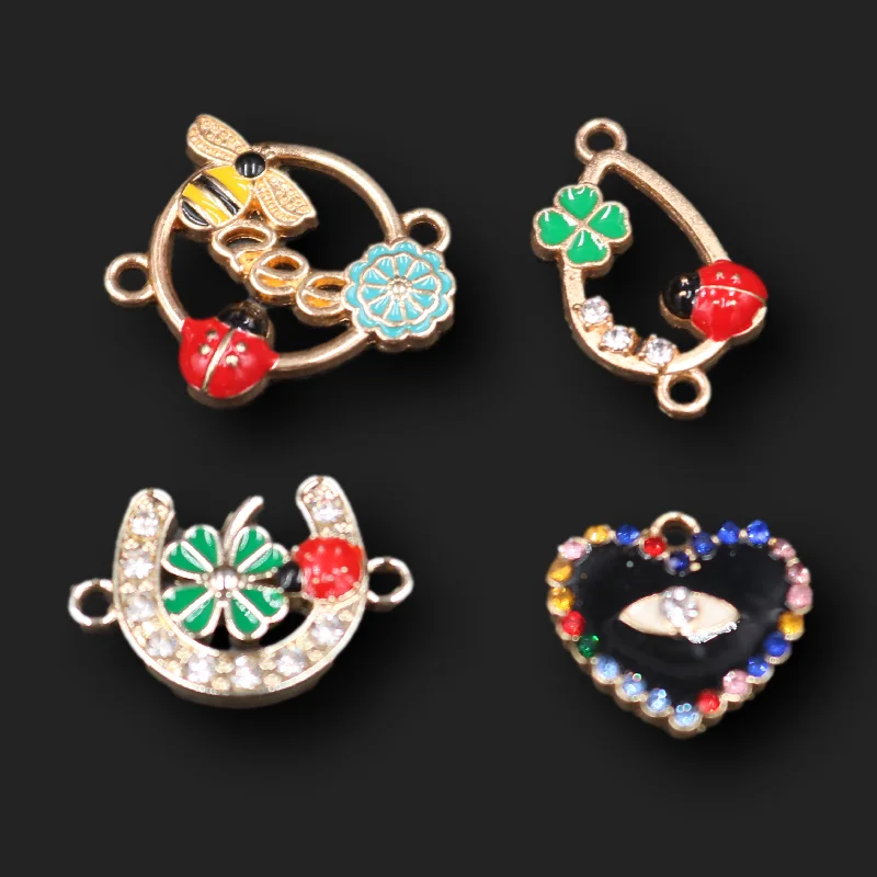 

8pcs Handmade Enamel Heart/Clovers/Little Bee/Ladybug/Metal Connector DIY Charm Hip Hop Bracelet Earrings Jewelry Crafts Making