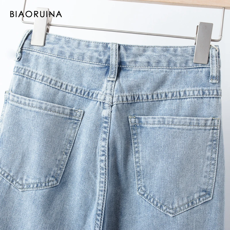 

BIAORUINA Women's Light Blue Washed Fashion Denim Jeans Female Loose Wide Leg High Waist Jeans Bleached Casual Jeans 2019 Autumn