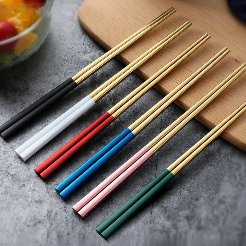 

1 Pair White Gold Chopsticks Stainless Steel Metal Chopsticks Non-Slip Chop Sticks Set Reusable Sticks Eco-Friendly Tableware