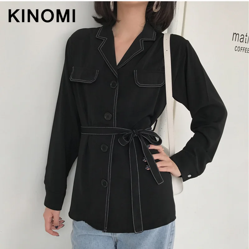 KINOMI осенние женские рубашки с длинным рукавом и поясом повседневные свободные