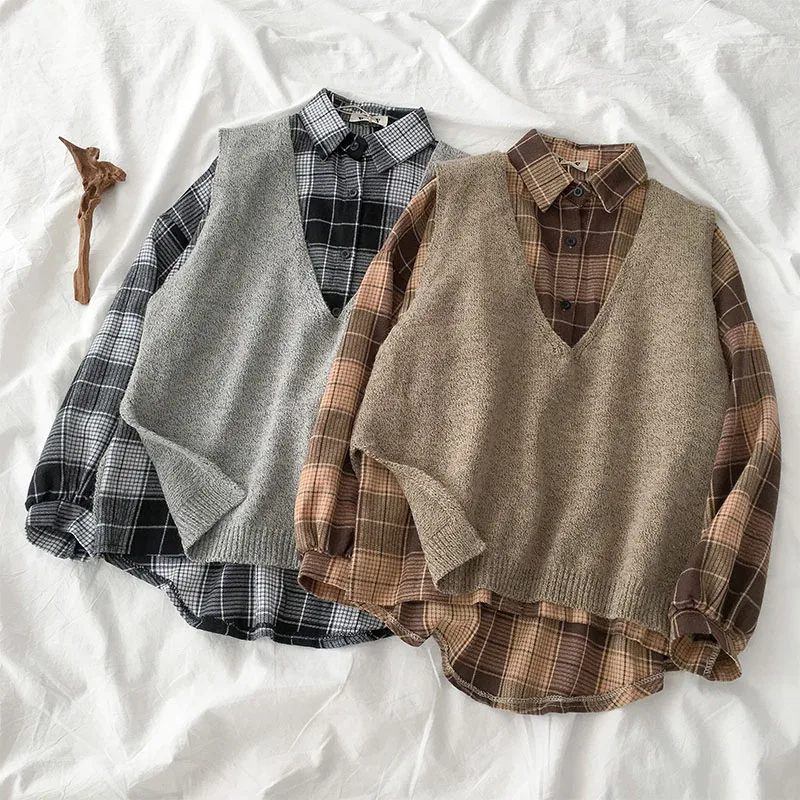 Модный костюм из двух предметов осень 2019 Однотонный свитер жилет Клетчатая