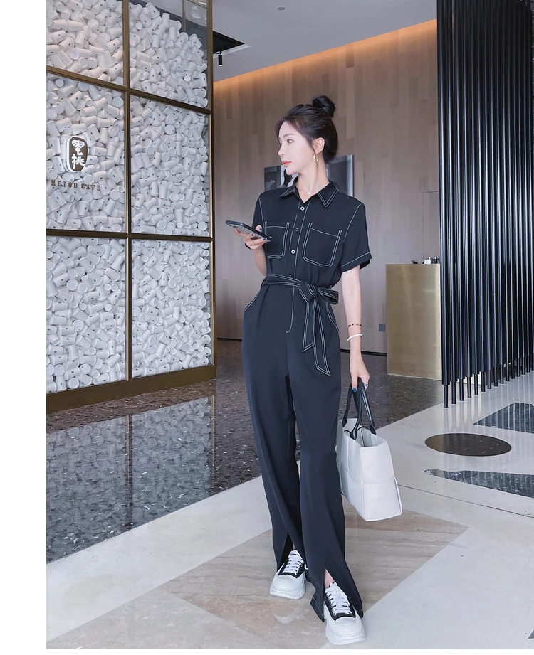 

Black Jumpsuits for Women 2021 Summer Short Sleeve Lapel Shirt Style Bandage One Piece Pants Sets Elegant Slim Straight Overalls