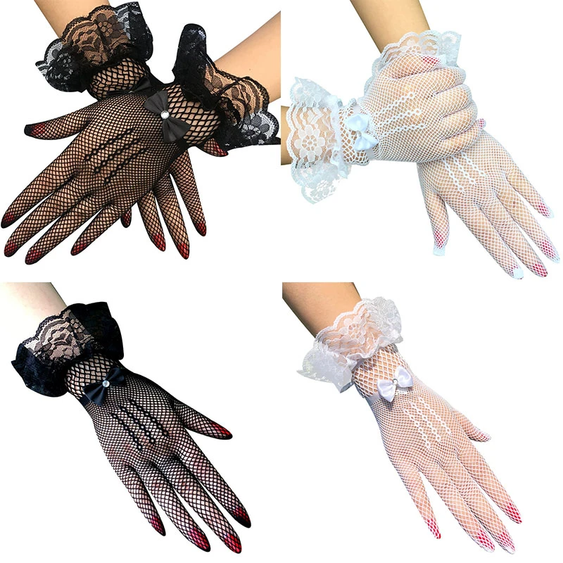

Сетчатые ажурные перчатки, сексуальные женские короткие кружевные перчатки с пятью пальцами, тонкие черные и белые вечерние перчатки в сти...