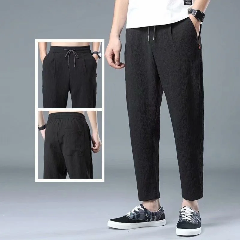 

Spring and summer ultra thin cotton hemp linen pants men's sports and leisure pants loose straight tube summer ice silk