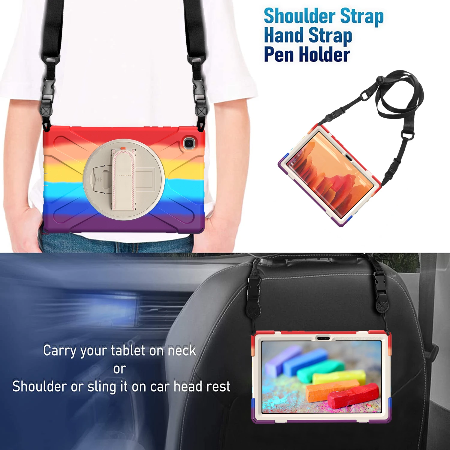 

Suitable for Samsung Galaxy Tab A7 10.4 Case 2020 SM T500 T505 T507 Tablet PC Case Rotating Rainbow Hand Strap and Stand Case
