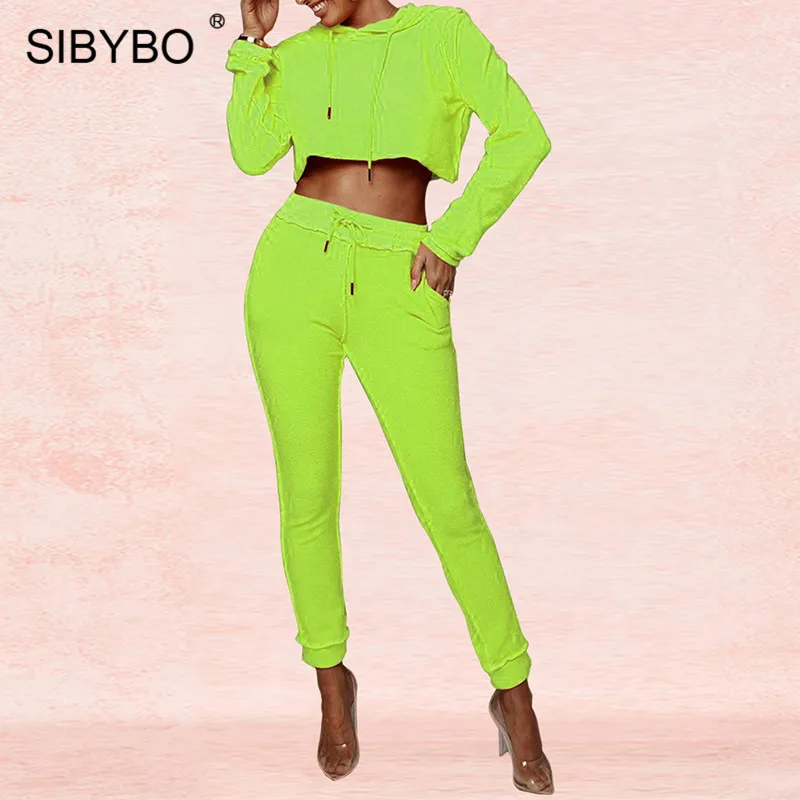 Fluorescence Green SIBYBO осень с капюшоном повседневные женские толстовки и брюки комплект с длинным рукавом спортивная одежда комплект из двух предметов Женские Карманы Тонкий сексуальный женский комплект - Цвет: Fluorescence Green