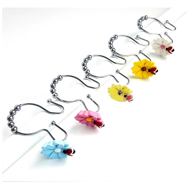 Ganchos de cortina de ducha con forma de Margarita de Ladybug, ganchos de cortina de ducha decorativos para ba&ntilde;o, ganchos dobles, gancho de cortina de Metal a prueba de &oacute;xido-2