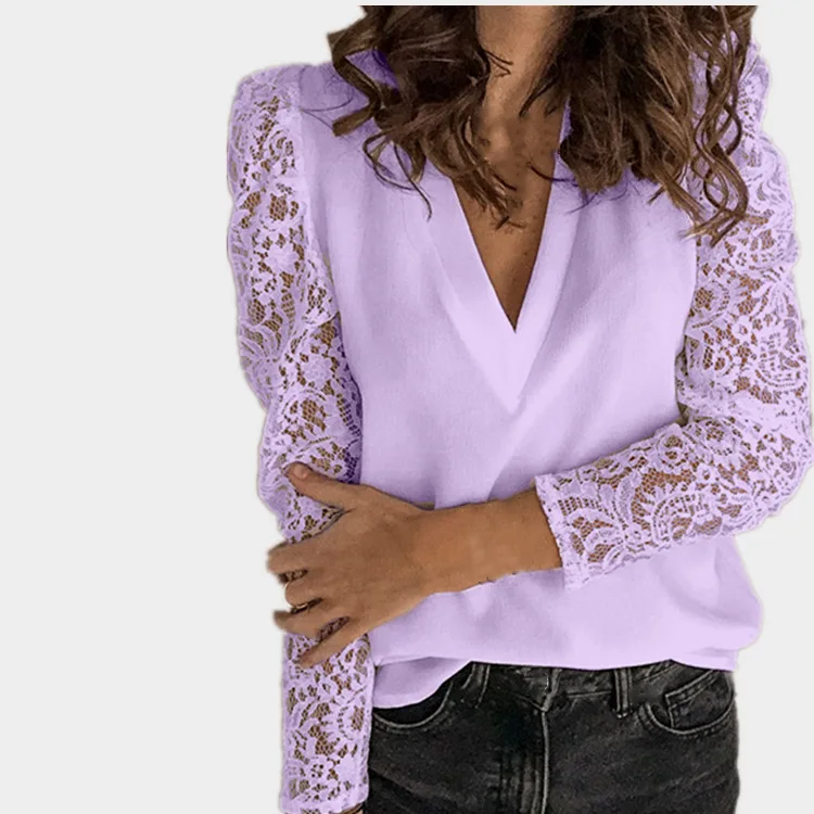 

2021 Summer Blouse Women Fashion Long Sleeve V-neck Chiffon Shirts Lace Hollow Out Thin Slim Top Casual Blusas De Mujer