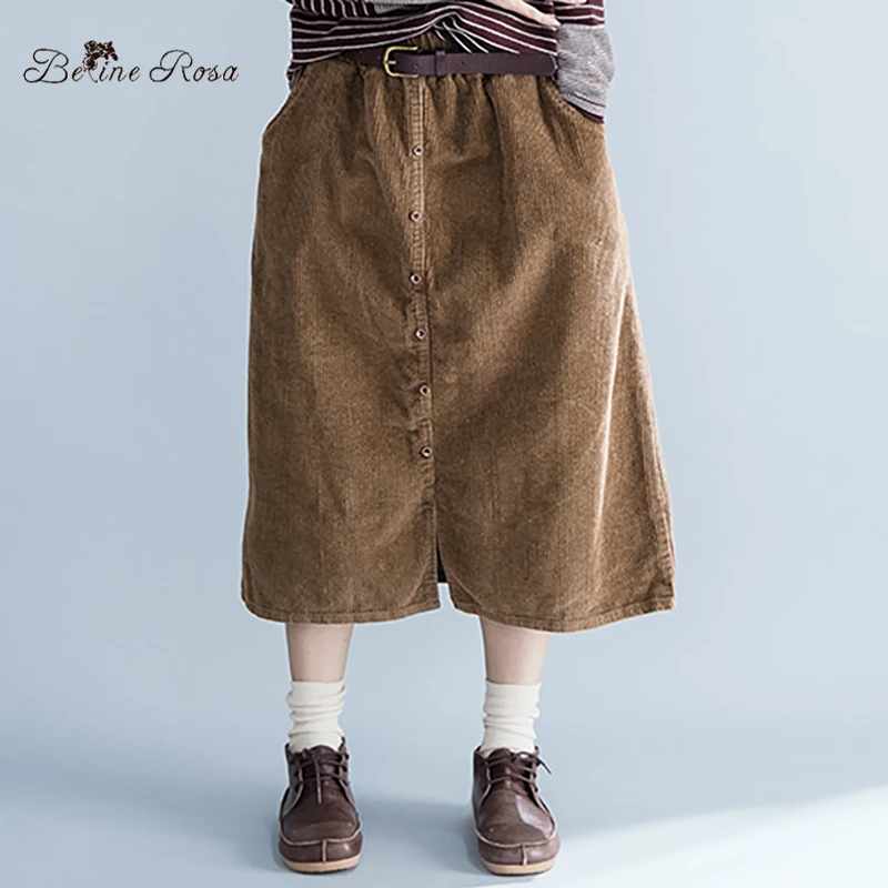 Длинная свободная женская длинная юбка BelineRosa осень зима вельвет Pure Color