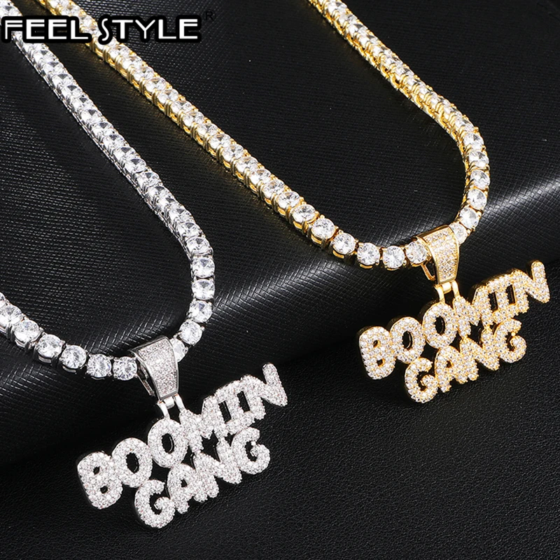 

Micro Paved CZ Bling Iced Out BOOMIN GANG Letters Necklaces & Pendant For Men Hip Hop Rapper Jewelry