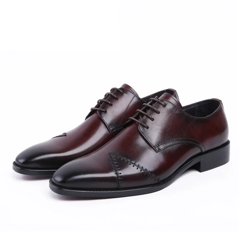 

England Trendy Sewing Casual Business Dress Shoes Men Derby Genuine Leather Wedding Shoes High Grade Office Work Mens Shoes