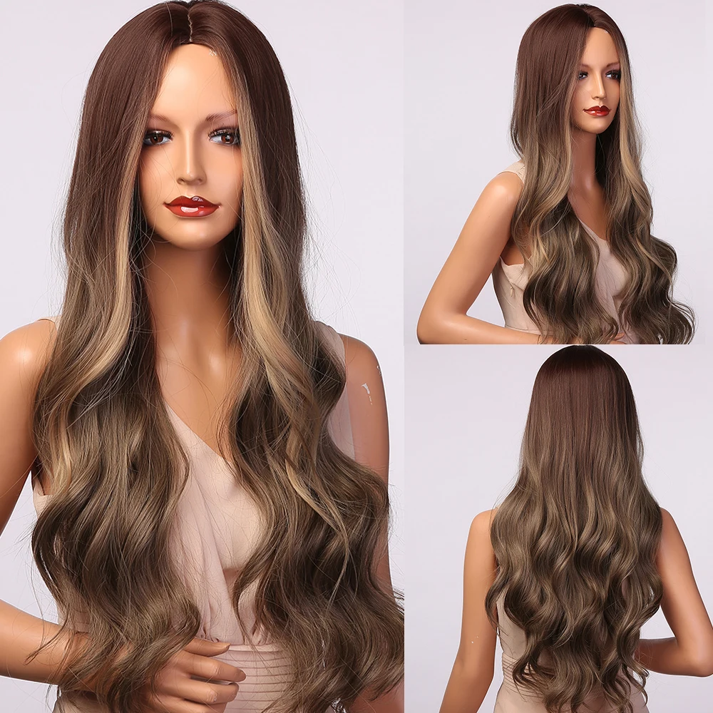 

HENRY MARGU Long Body Wavy Synthetic Wigs for Women Natural Ombre Dark Brown Blonde Highlight Hair Wigs Heat Resistant Daily Wig
