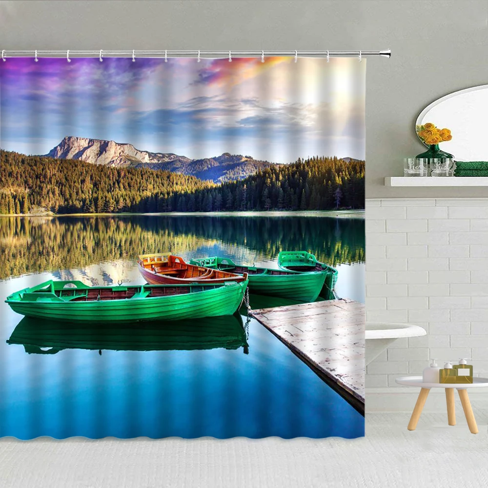 

Natural Scenery Shower Curtain Forest Waterfall River Green Plant Landscape Bathroom Decor Waterproof Fabric Hooks Curtains Set