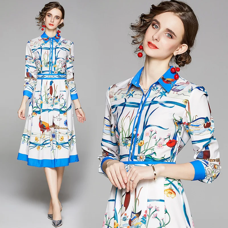 

England Style Design Print French Dress 2021 Summer A Line Dress Women Elegant Fashion Office Lady Tunic Slim Button Shirt Dress