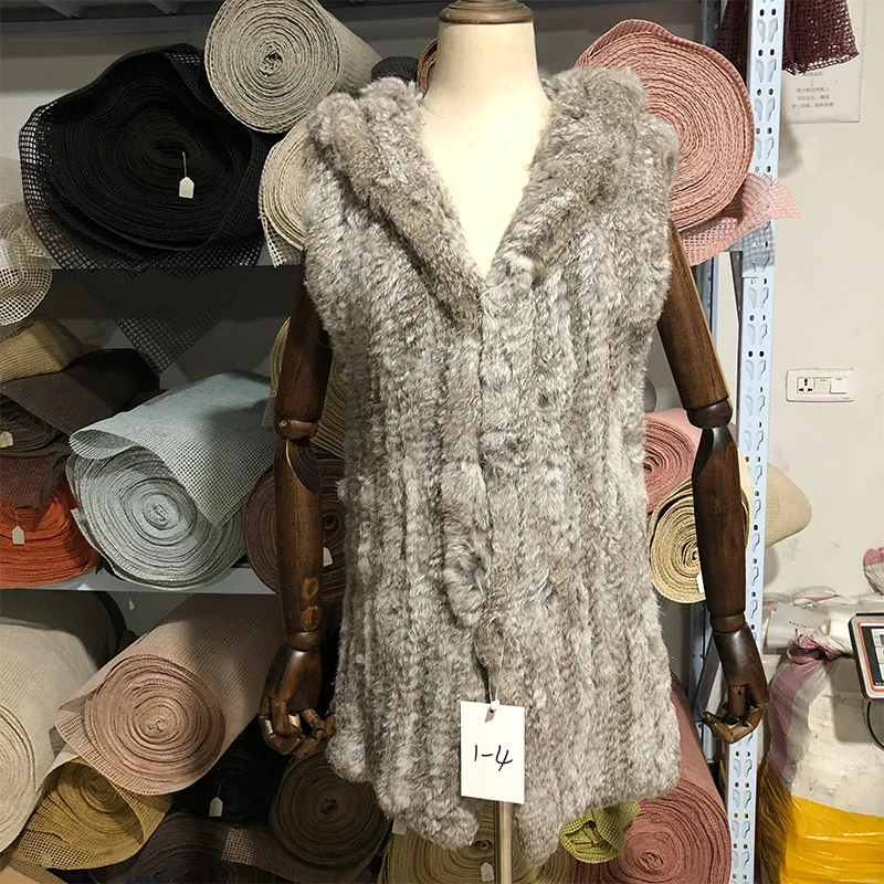 

Women Spring Autumn Knit Genuine Rabbit FurCoat Real Natural Rabbit Fur Cap Hooded Vest