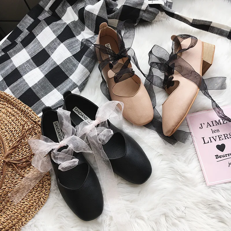 Women Fashion Sweet Flat Candy Color Ribbon Cross Strap Buckle Fairy Style Ballet Shoes Square Head Ladies U19-18 | Обувь