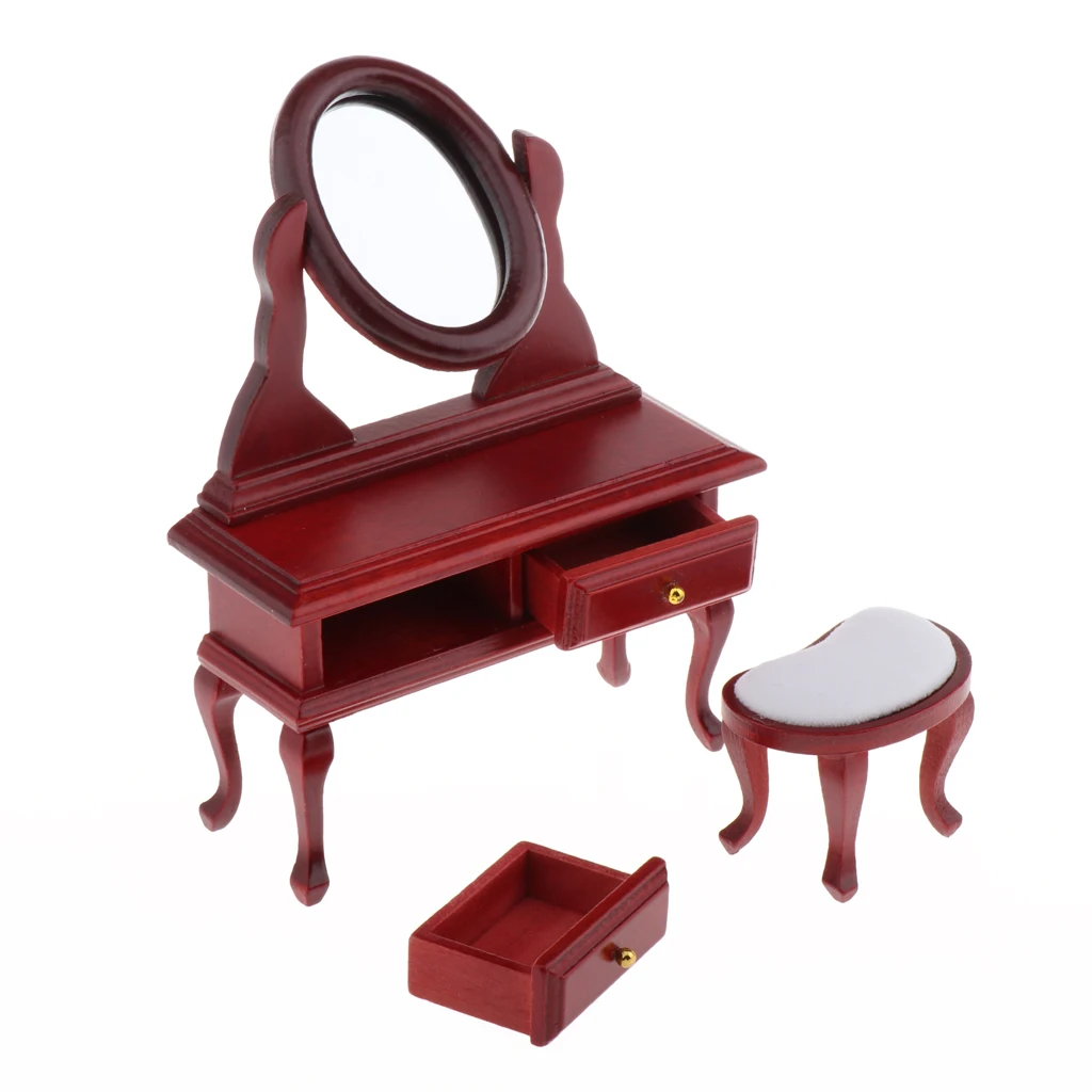 Деревянный Комод с зеркалом ящиками и стулом модель мебели для кукольного домика