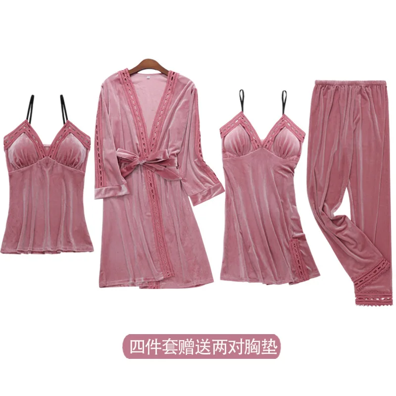 

Fashion Gold Velvet 4 Pieces Warm Winter velour Pajamas Sets Women Sexy Hollow out trim Robe Pajamas Sleepwear Nightwear