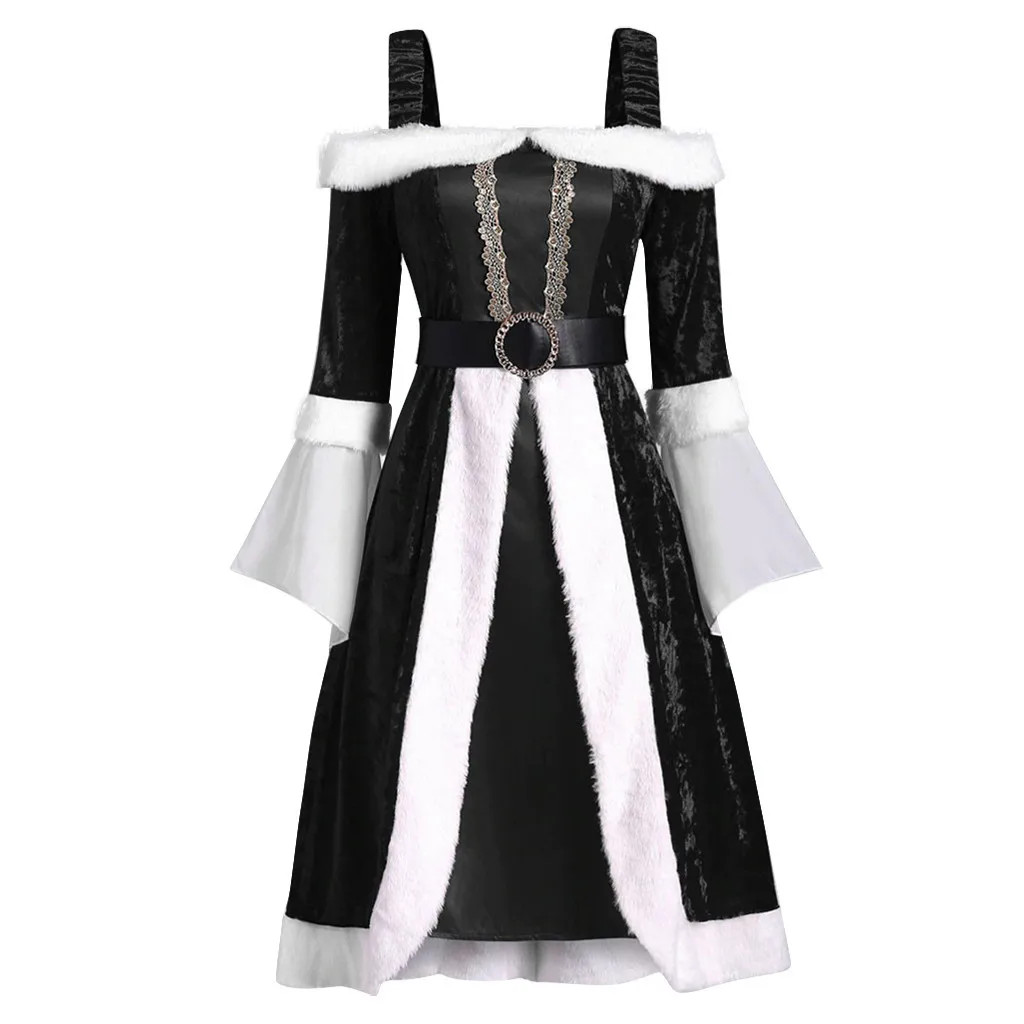

Women's Christmas Furry Panel Waistband off-Shoulder Long-Sleeved Dress