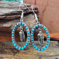 retro leaf blue beads dangle crochet earrings for women hollow metal oval pierced fashion jewelry 2020 wholesale d261