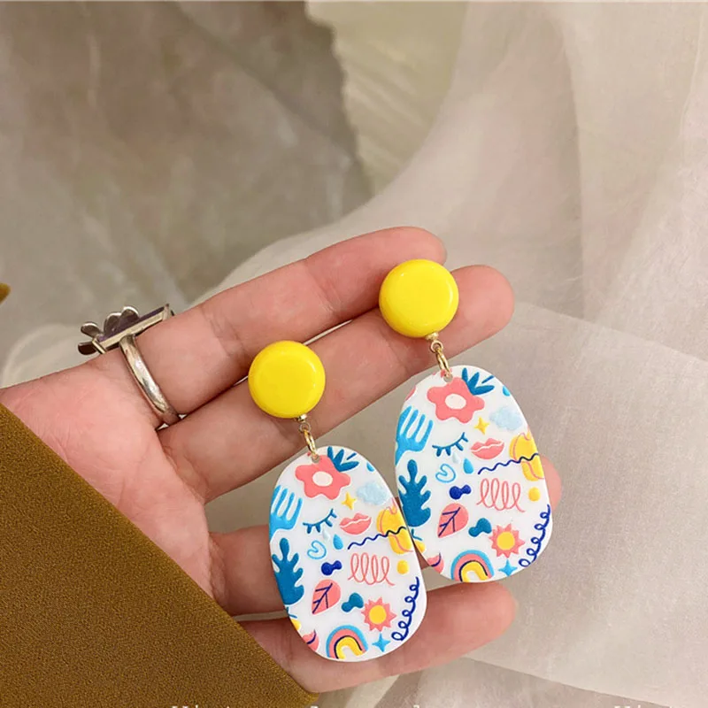 

Geometric Color Blue flowers Women Jewelry Eardrop Dangle Acrylic Printed Blue Flower Earring