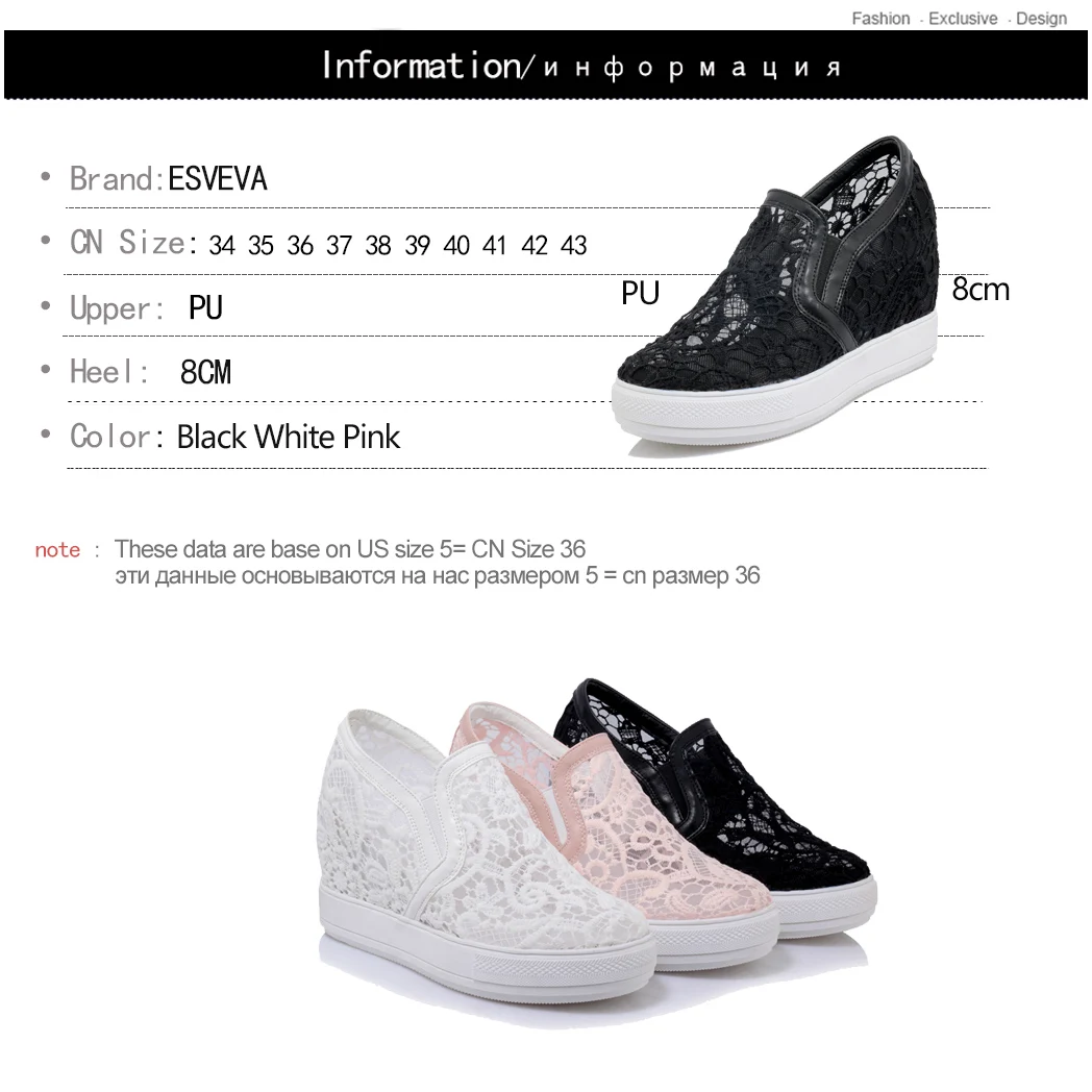 

ESVEVA 2019 Women PU Leather+Mesh Wedge Med Heel Round Toed Slip On Breathable Platform Elegant Ladies Shoes Size 34-43