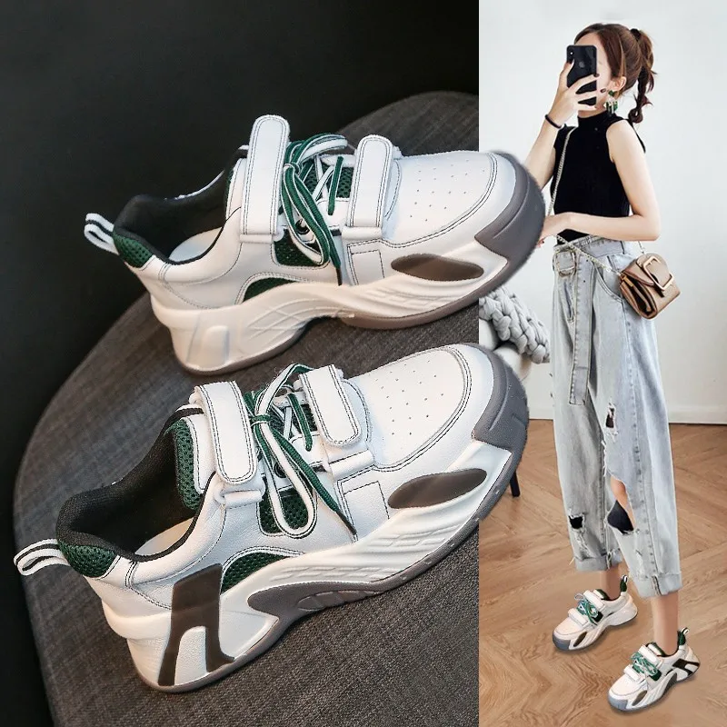 

Fashion PU Vulcanize Dad Shoes Women Chunky Sneakers Hoop&Loop Comfortable Thick Sole Ladies Platform Shoes Woman Sneaker