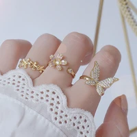 exquisite copper inlaid zirconium sweet butterfly flower ring 14k real gold plated womens prom party open ring korean jewelry