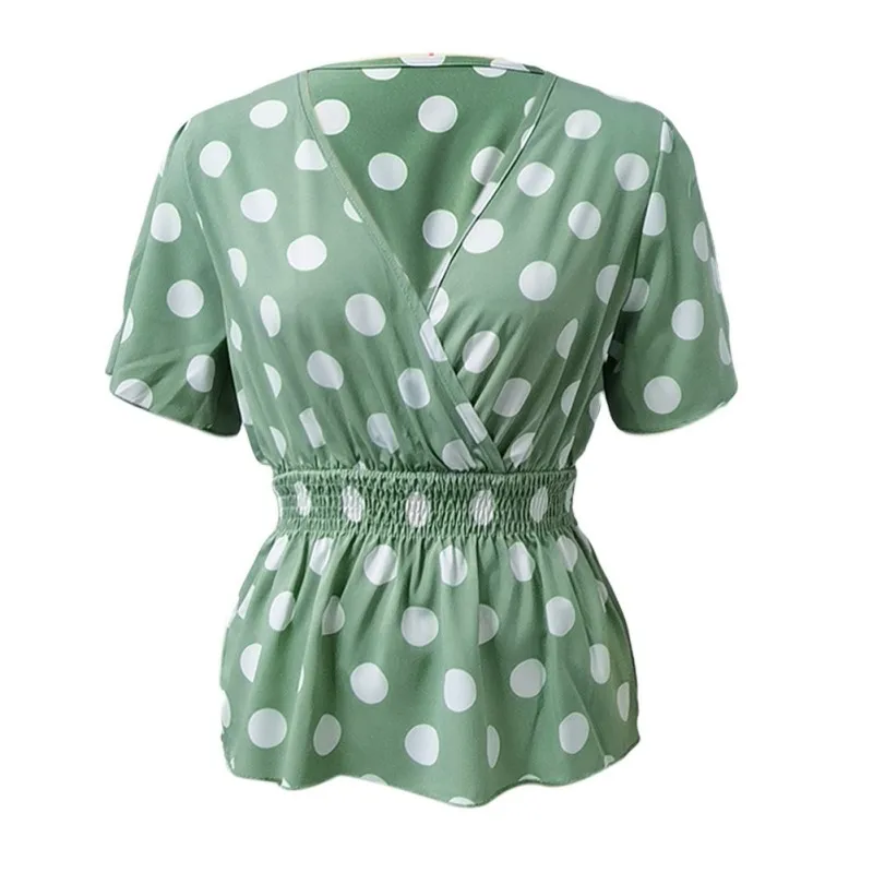 

Women's Summer Waist Top V-neck Short Sleeve Casual Loose Dot Print Top