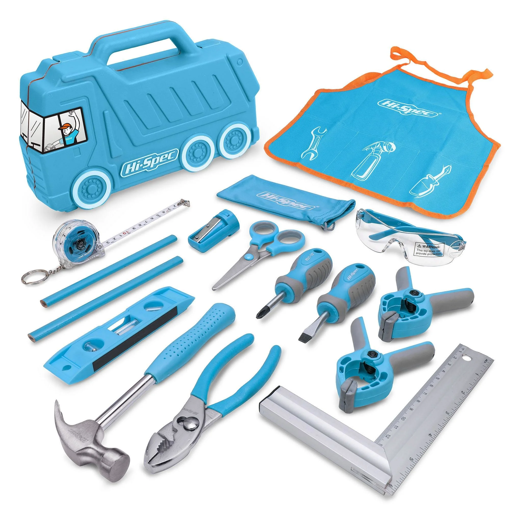 Hi-Spec 17pc Blue Kids Tool Set Real Home Tool Set Car Shaped Case Learning DIY Tool Kit Set Woodworking Hand Tools for Boys