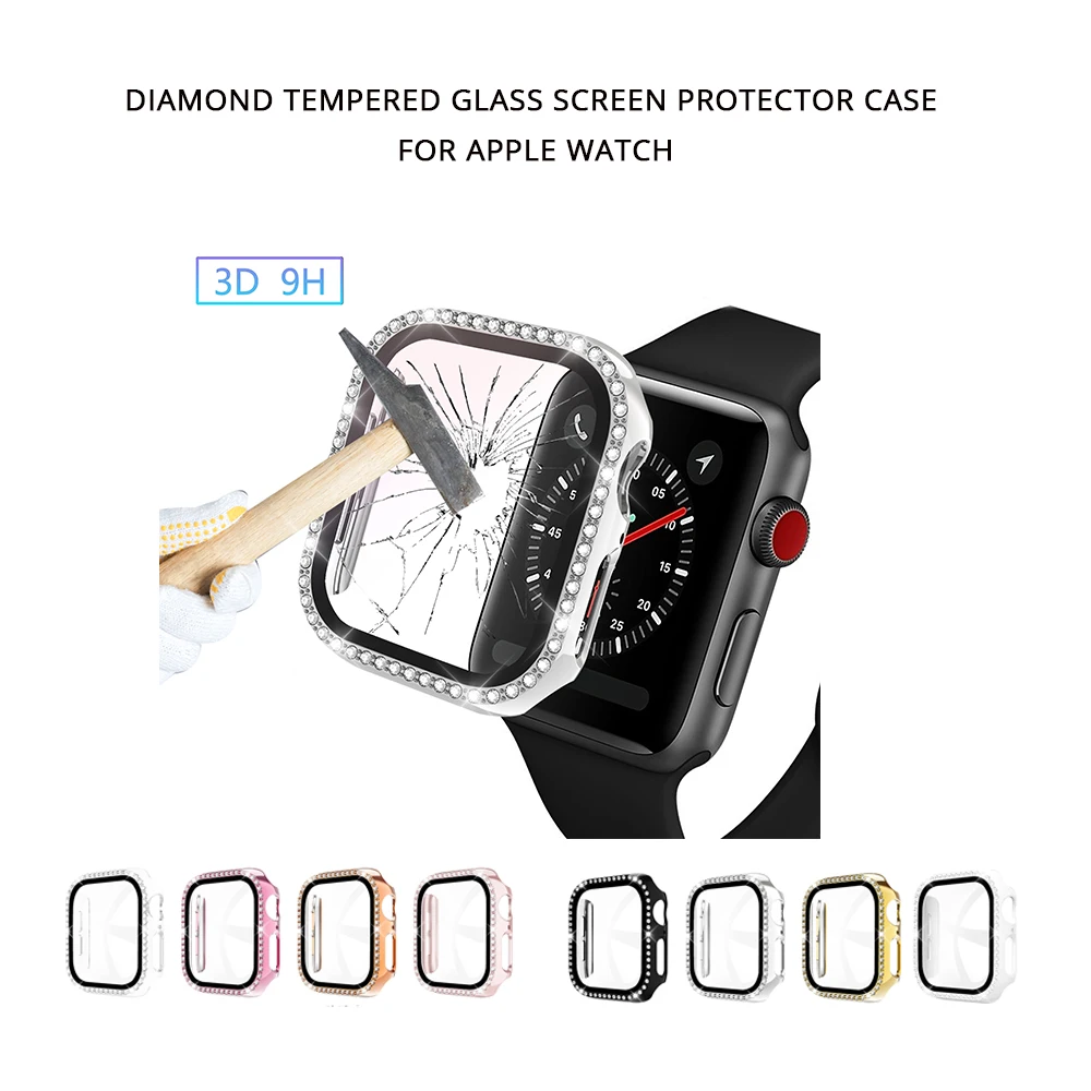 

Glitter Case for Apple Watch 40mm 44mm Diamond Full Cover Tempered Glass Protective Case for Iwatch Series 6 Se 40mm Girl Women