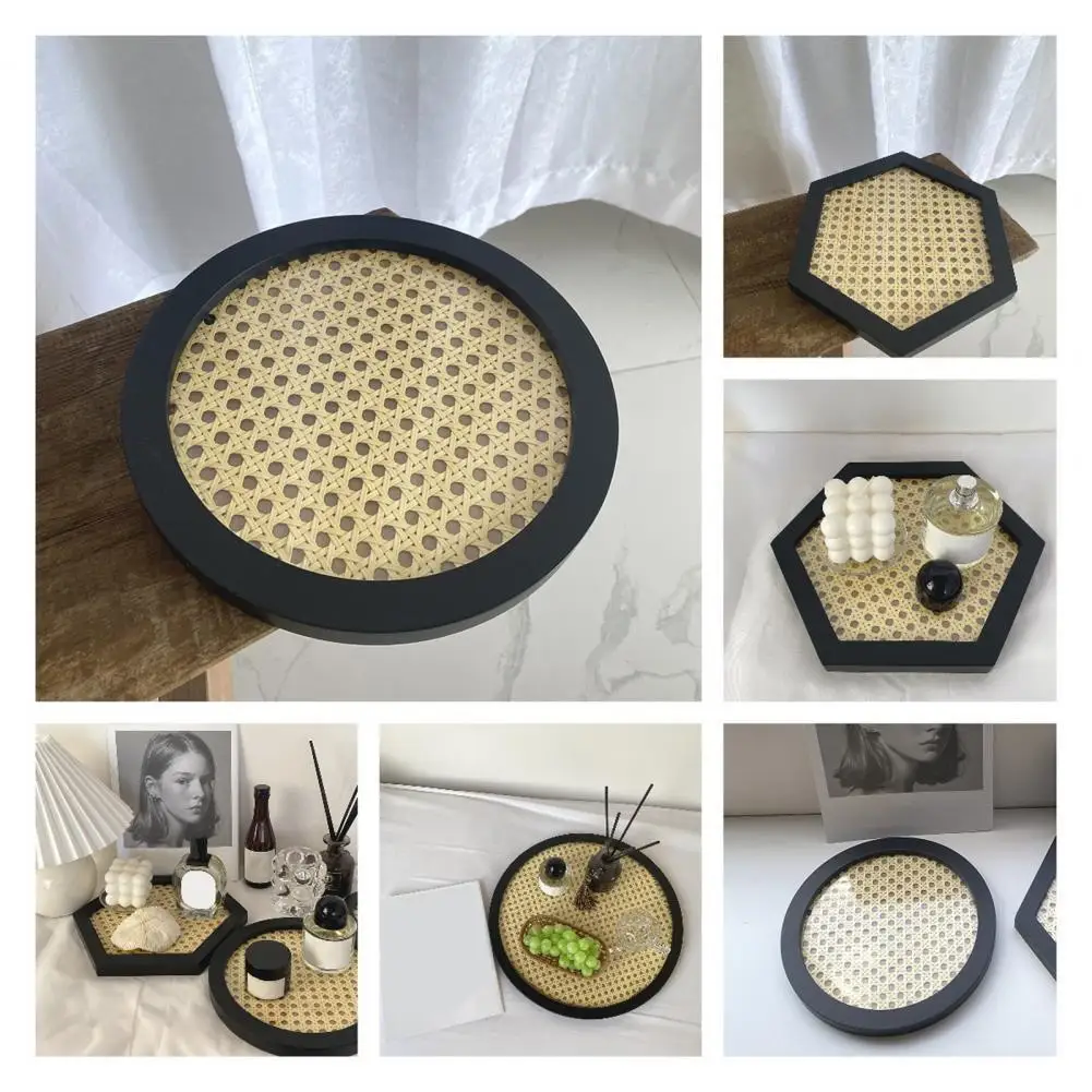 

Black Special Fruit Food Severing Tray Washable Rattan Tray Hexagon for Bedroom