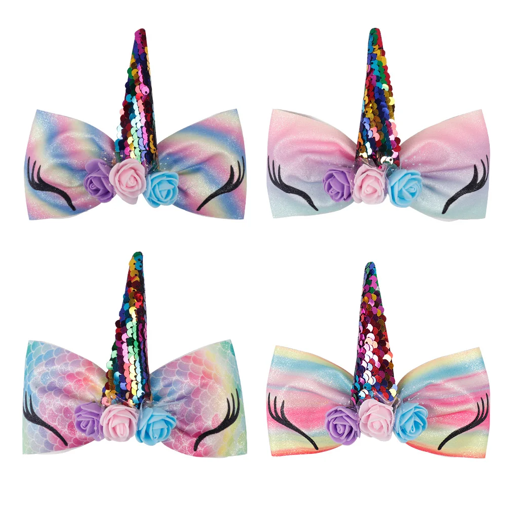 

Chunky Glittering Hair Clips Children's Hair Accessories Cute Rainbow Horn Sequins Black Eyelashes Bow Flowers Girl's Hairpin