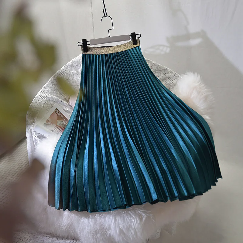 

2019 Spring Women Elegant Pleated Skirt Elastic High Waist Women Long Skirt Female Autumn Ladies High Quality Midi Skirt Saia
