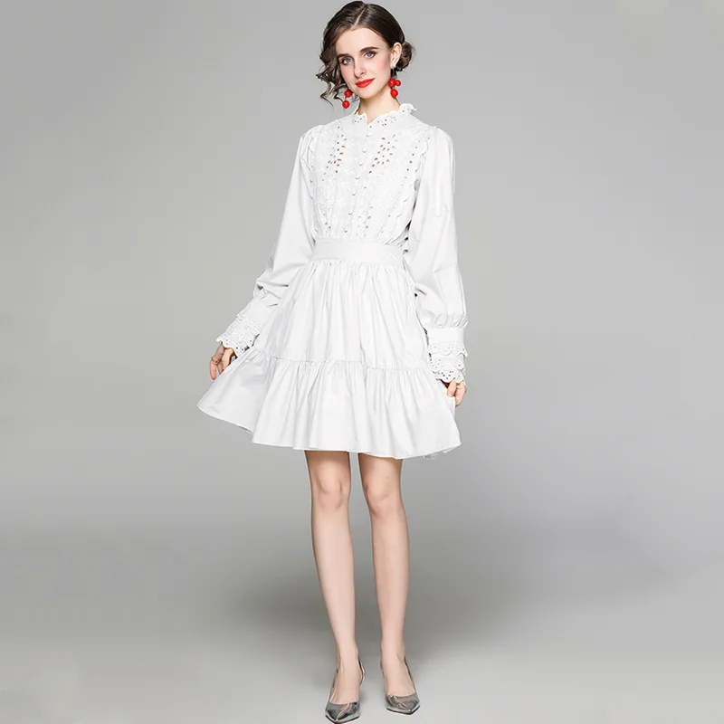 

2021 Spring New Products Round Neck Hollow Embroidered Cotton Embroidered Dress Spring Wear Europe and America