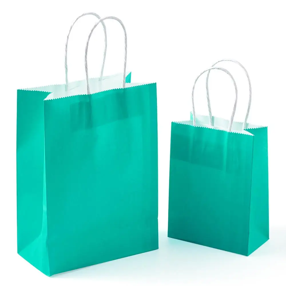 

10pc Pure Color Kraft Paper Bags Cyan Gift Bags Shopping Bags with Nylon Cord Handles Rectangle Fashion Paper Bag