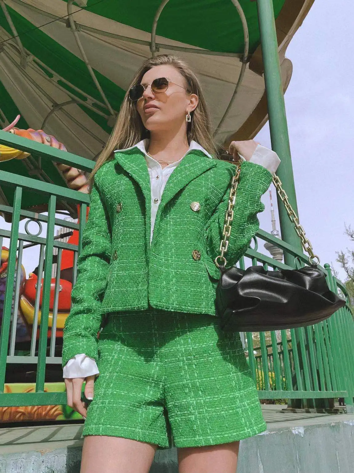 

Women's tweed suit bright green, suit of jacket and shorts, trend 2021 women's business suit
