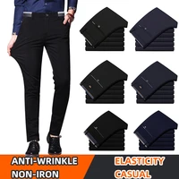 casual pants mens slim fit pants thin trousers business going to work pants elasticity mens suit pants straight cut black