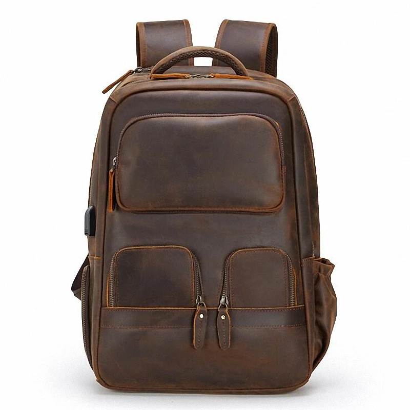 

MEN'S Crazy Horse Genuine Leather Backpack Business Travel Bags USB Charging Rucksack 15.6inch Laptop School Daypack